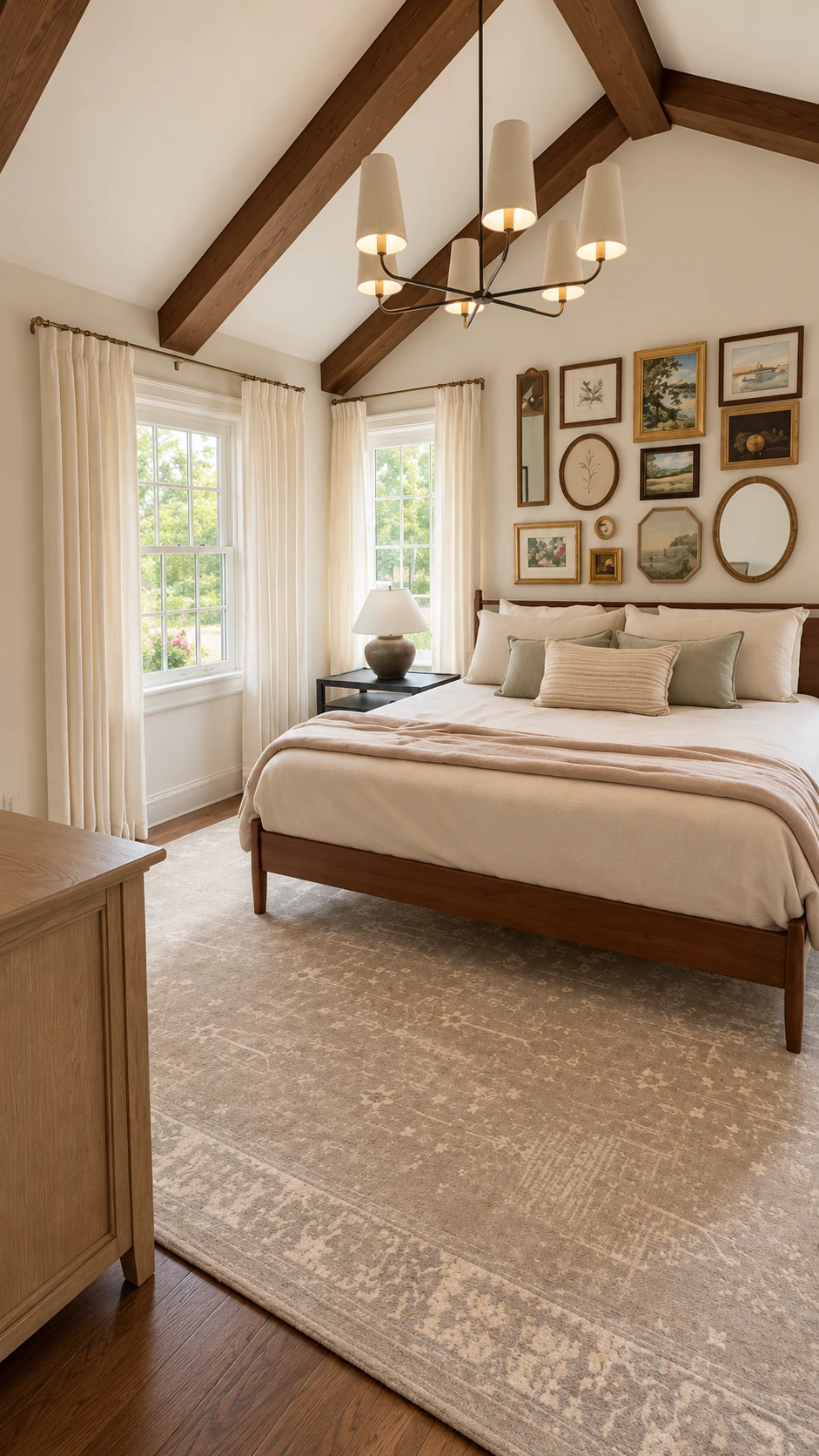 Bedroom with exposed timber beams, linen bedding, and a collected gallery wall